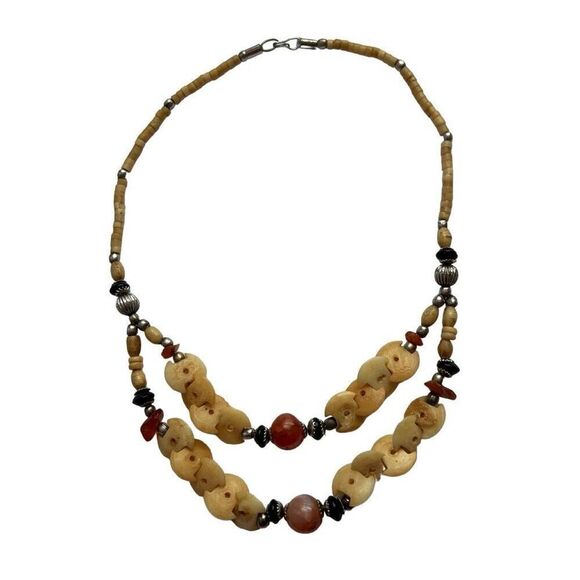 Vintage Carved Bone and Carnelian Agate Necklace Silver Tone 17” Amazing Detail - Picture 4 of 11